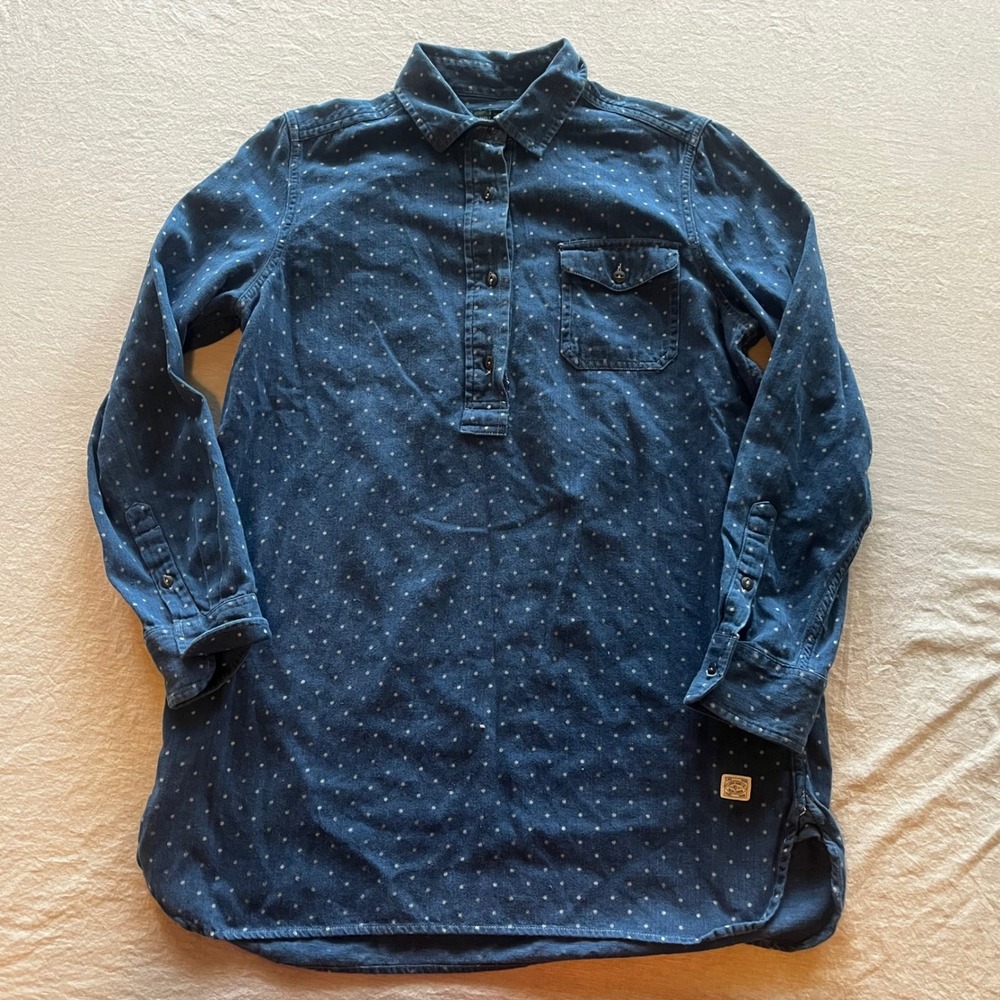Lauren Ralph Lauren Polka Dot Denim Tunic Shirt Blue Indigo Cotton Womens Medium